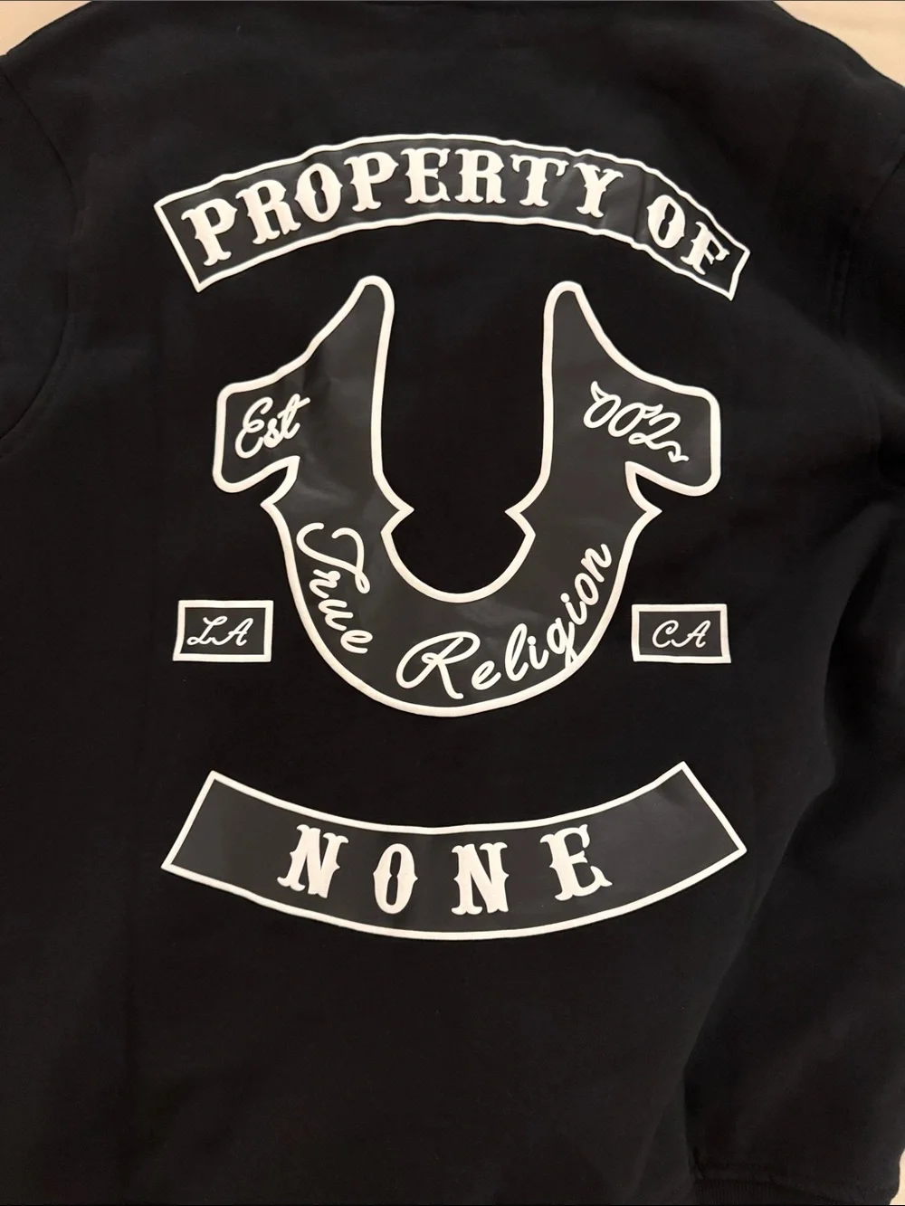 True Religion Jet Black Zip Hoodie with White Logo Accent